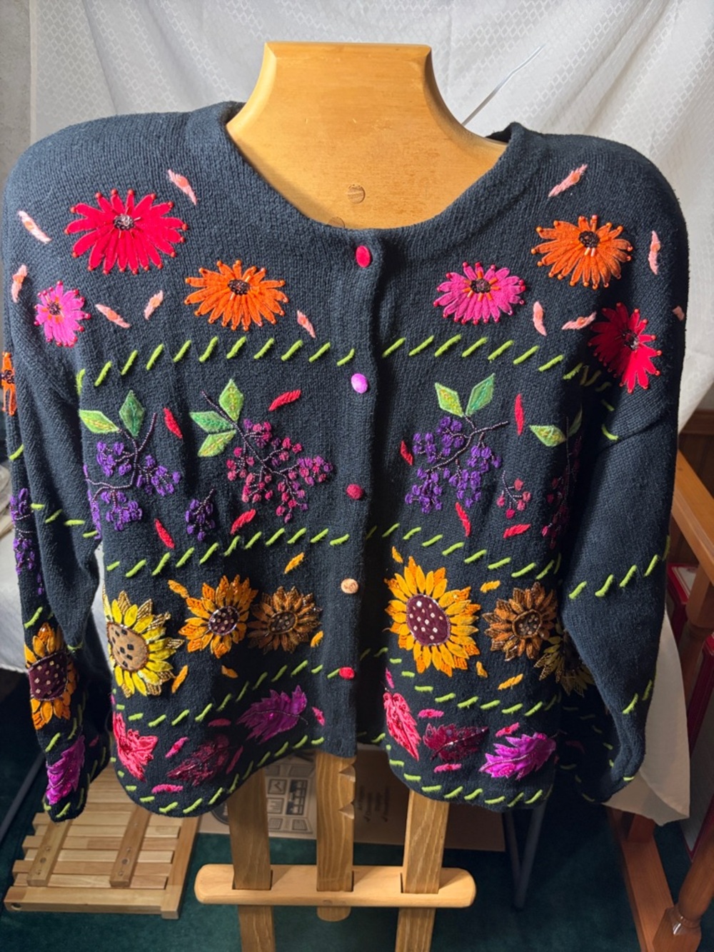 Black Floral Embroidered Cardigan Sweater